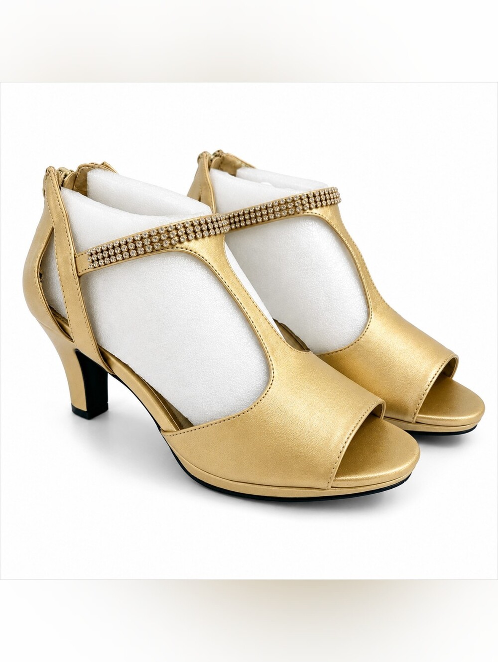 Easy Street Gold Rhinestone T Strap High Heels Wedding Formal 7MM